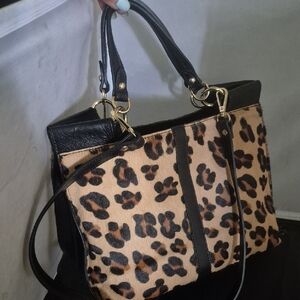 Divina Firenze Leopard Print Black Leather Tote Bag